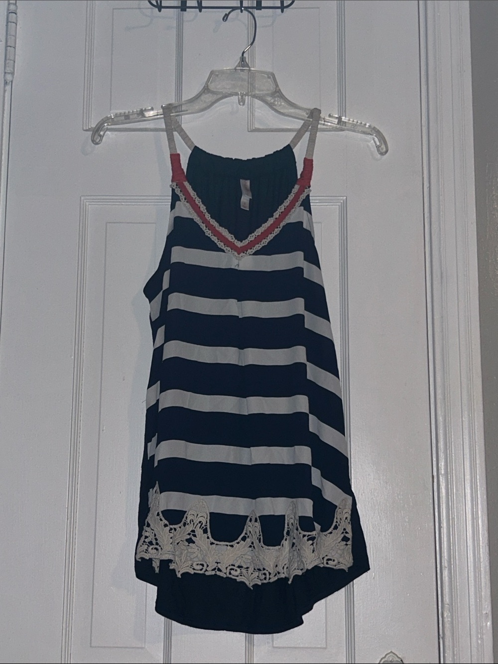 Xhilaration Navy and White Striped Lace-Trim Cami with Red Accent